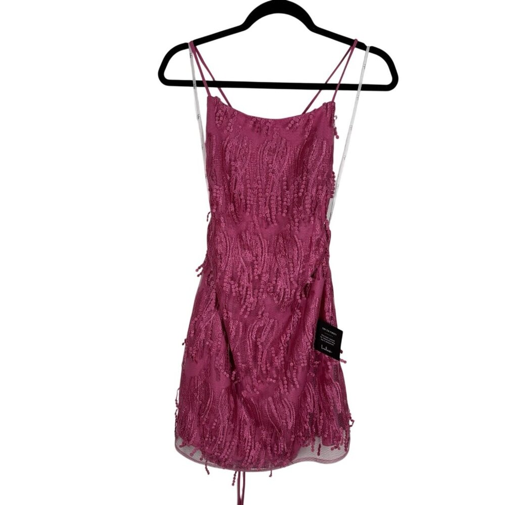 Lulus Women XL Making Magic Bright Pink Fringe Lace-Up Mini Dress NWT - Picture 3 of 14